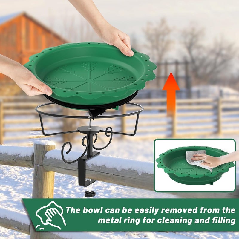 We-buys Heated Bird Baths for Outdoors, 100W Heated Bird Bath for Deck Railing, Heated Birdbath with Thermostat Control, Heated Bird Bath for Outside Winter Garden Patio Yard (Green) - Image 4
